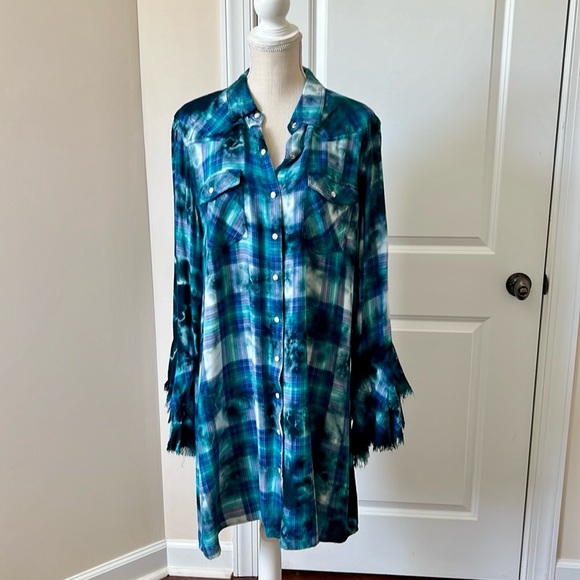 Scully Tops - Plaid Button Down Tunic with Frayed Sleeves